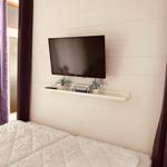 Schlafzimmer mit Bett, Wand-TV und Pflanzen auf Regal