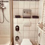 Badezimmer mit Dusche, Toilette und Heizkörper