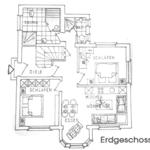 Erdgeschoss mit Schlaf-, Wohn-, Essbereich, Küche, Bad und Sauna.