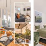 Moderne Wohnung mit Essbereich, Wohnzimmer, Schlafzimmer und Balkon mit Frühstück.