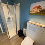 Dusche mit Glaswand, Toilette und Wandbild mit Haus.