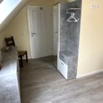 Schlafzimmer mit Dachschrägen, Schrank und Schreibtisch.
