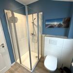 Bad mit Dusche, WC und Wandbild an blauer Wand.