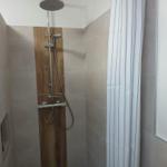 Shower with showerhead and handheld shower, beige tiles and wood panel.