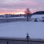 Snow-covered landscape at sunset with tree and star