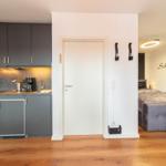 Küche mit Dunstabzug und Bett im Hintergrund