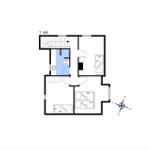1st floor with bedrooms, bathroom, and living area. Compass and measurements marked.