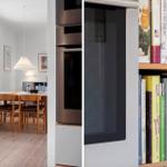 Kitchen with stainless steel oven and bookshelf with cookbooks