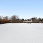 Snow-covered garden with wood-burning stove and view of the house.