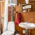 Bathroom with shower, sink, and toilet against wooden wall.