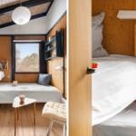 Room with wooden walls, bed, window, and small table.