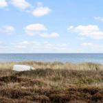Ein weißes Boot liegt im hohen Gras am Strand. Der Horizont ist weit und der Himmel blau mit weißen Wolken.