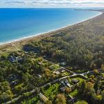 Aerial view of coastal area with forest, houses, and beach.