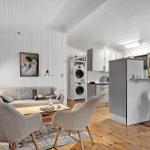 Wohnzimmer mit Sofa, Sitzgelegenheiten und Küchenbereich mit Waschmaschine.