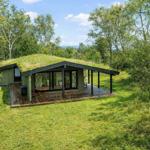 Moderne Hütte mit grünem Dach und Holzterrasse inmitten von Bäumen.