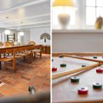 Esszimmer mit Holztisch, Bänken und Stühlen. Spielzimmer mit Billardtisch.