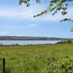 Grünes Feld mit Blick auf einen See und Hügel unter blauem Himmel.