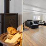 Ein Kaminofen mit Brennholz und ein großes Wohnzimmer mit Ledersofa und Holzboden.