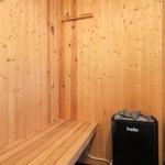 Sauna with wooden walls and bench. Heater with stone container.
