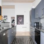 Modern kitchen with gray cabinets, black countertop, and stainless steel appliances.