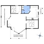 Two bedrooms, kitchen, bathroom, and covered terrace.