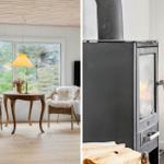 Zwei Bilder: Esszimmer mit Tisch und Stühlen, Kamin mit brennendem Feuer.