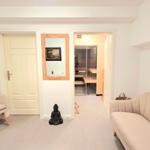 Wohnbereich mit Sofa, Sessel und Blick in die Sauna.