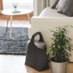 Ein Wohnzimmer mit weißem Sofa, grauem Teppich und Pflanze.