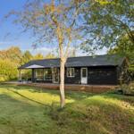 Black house with terrace and garden under trees.