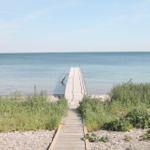 Wooden pier leads to water. Beach with grass and stones.