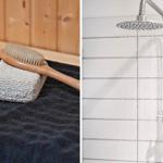 Badewanne mit Dusche und Bürste auf Handtuch