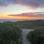 Sandweg durch Grasdünene führt zum Strand bei Sonnenuntergang mit farbigem Himmel.