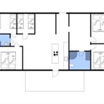 Gesamtplan einer Ferienwohnung mit mehreren Schlafzimmern und zwei Bädern.