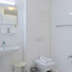 Badezimmer mit Waschbecken, Spiegel, Toilette und Duschbereich.