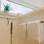 Dusche mit Handdusche, Handtuchhalter und Fenster mit Pflanze und Muschel.