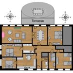 Dieses Haus hat eine Terrasse, Küche und mehrere Schlafzimmer.