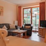 Wohnzimmer mit Sofa, Sessel, Fernseher und Terrassentür.