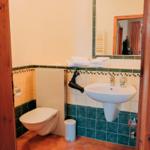 Badezimmer mit Waschbecken, Spiegel, Toilette und Handtuchhalter.