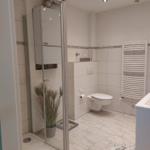 Badezimmer mit Dusche, Toilette und Heizkörper