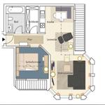 Dieses Haus hat Schlafzimmer, Wohnzimmer, Küche und Bad.