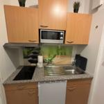 Küche mit Holzschränken, Mikrowelle, Spüle und Kühlschrank.