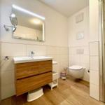 Badezimmer mit Dusche, Waschbecken und Toilette.