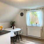 Essbereich mit runden Tisch, weißen Stühlen und Fenster mit weißen Vorhängen.