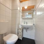 Bathroom with toilet, sink, and mirror