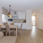 Essbereich mit Tisch, Stühlen und Küchenzeile im Hintergrund.