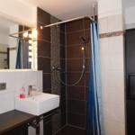 Badezimmer mit Dusche, Waschbecken und Spiegelschrank.