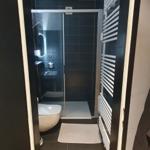 Badezimmer mit Dusche, Toilette und Heizkörper