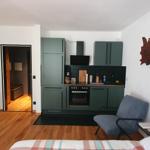 Wohnung mit Küche, Schlafbereich und Essplatz. Holzboden und grüne Schränke.