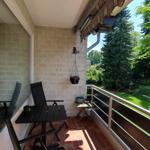 Balcony with table, chairs, and hanging plant overlooking greenery.