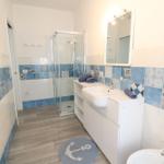 Badezimmer mit Dusche, Waschbecken und Toilette. Wandfliesen in Blau-Weiß-Muster.